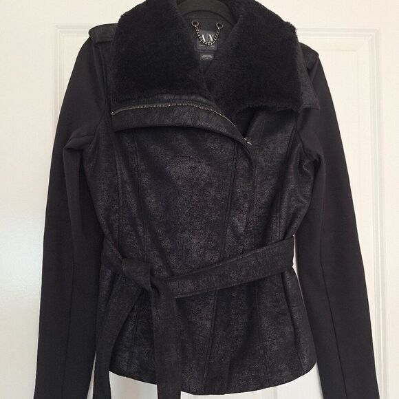 ARMANI EXCHANGE A/X Moto Jacket Black Faux Leather fur Fabric size M - Picture 1 of 5